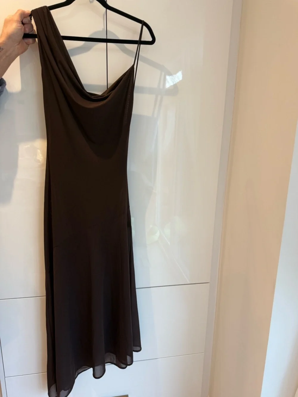 ZARA Chocolate Brown Asymmetrical Draped Strap Maxi Dress w/ Built-In Bodysuit - Picture 8 of 11